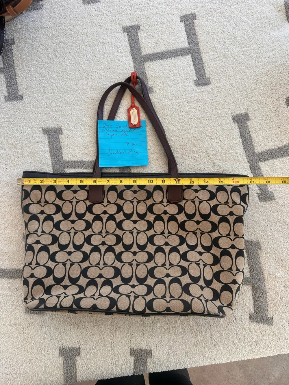 Coach Canvas Tote in Khaki and Black with Brown Leather Trim